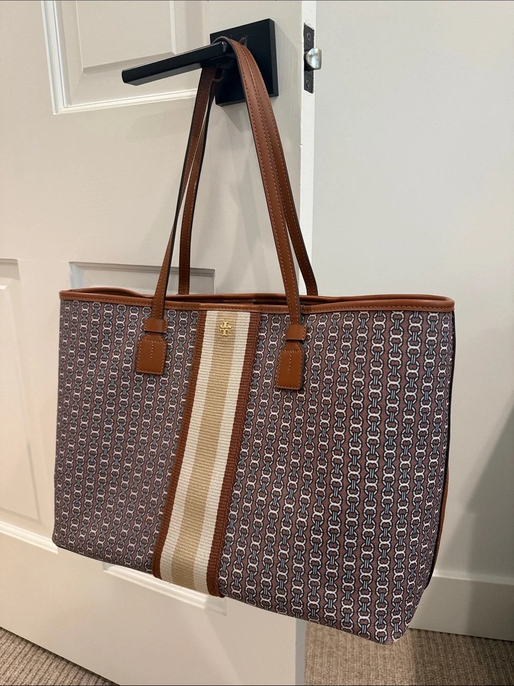 Tory Burch Brown Canvas Logo Stripe Tote with Cream Center Stripe